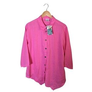 Click CMC Top Women's Size XL Pink 3/4 Sleeve Button Up Color Me Cotton Linen
